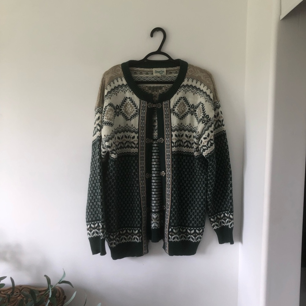 Vintage Cottage Cove Nordic-Style Dark Green & Cream Knit Cardigan | Size L